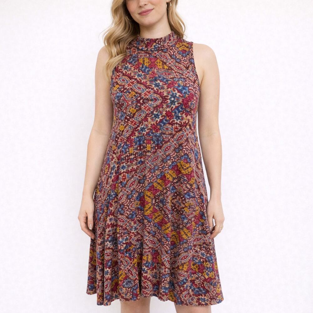 Anthro Maeve Lilt Swing Dress Small Boho Print Sleeveless Mock Neck A-Line